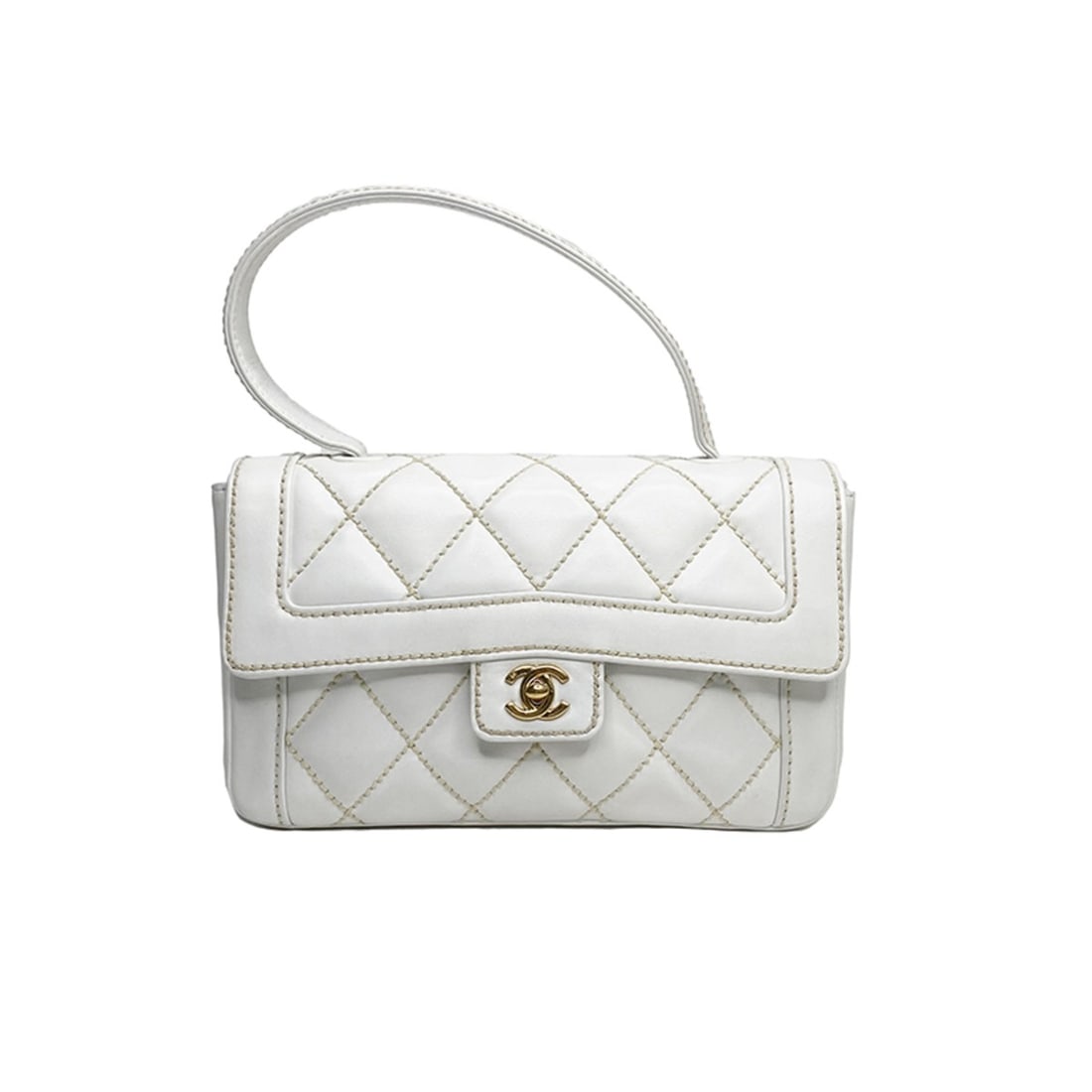 CHANEL Matelasse Wide Stitch Handbag, 2004, Lambskin, White, WS2322: --- Catalog ---Category: SizeSize (HxWxD): 16cm x 6cm x 26cm / 6.29'' x 2.36'' x 10.23''Category: DesignType: HandbagColor: WhiteGender: WomenCategory: GeneralBrand: ChanelCountry of Origin: France---