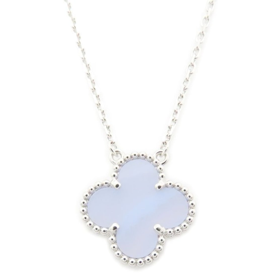 Van Cleef & Arpels Vintage Alhambra Necklace with Chalcedony in 18K White Gold for Women (VCARD34900: --- Catalog ---Category: SizePendant Size: 15mm x 15mm / 0.59'' x 0.59''Neck Circumference: 37 cm - 41.5 cm / 14.56'' - 16.33''Category: DesignColor: White goldStone: ChalcedonyGender: WomenMaterial: