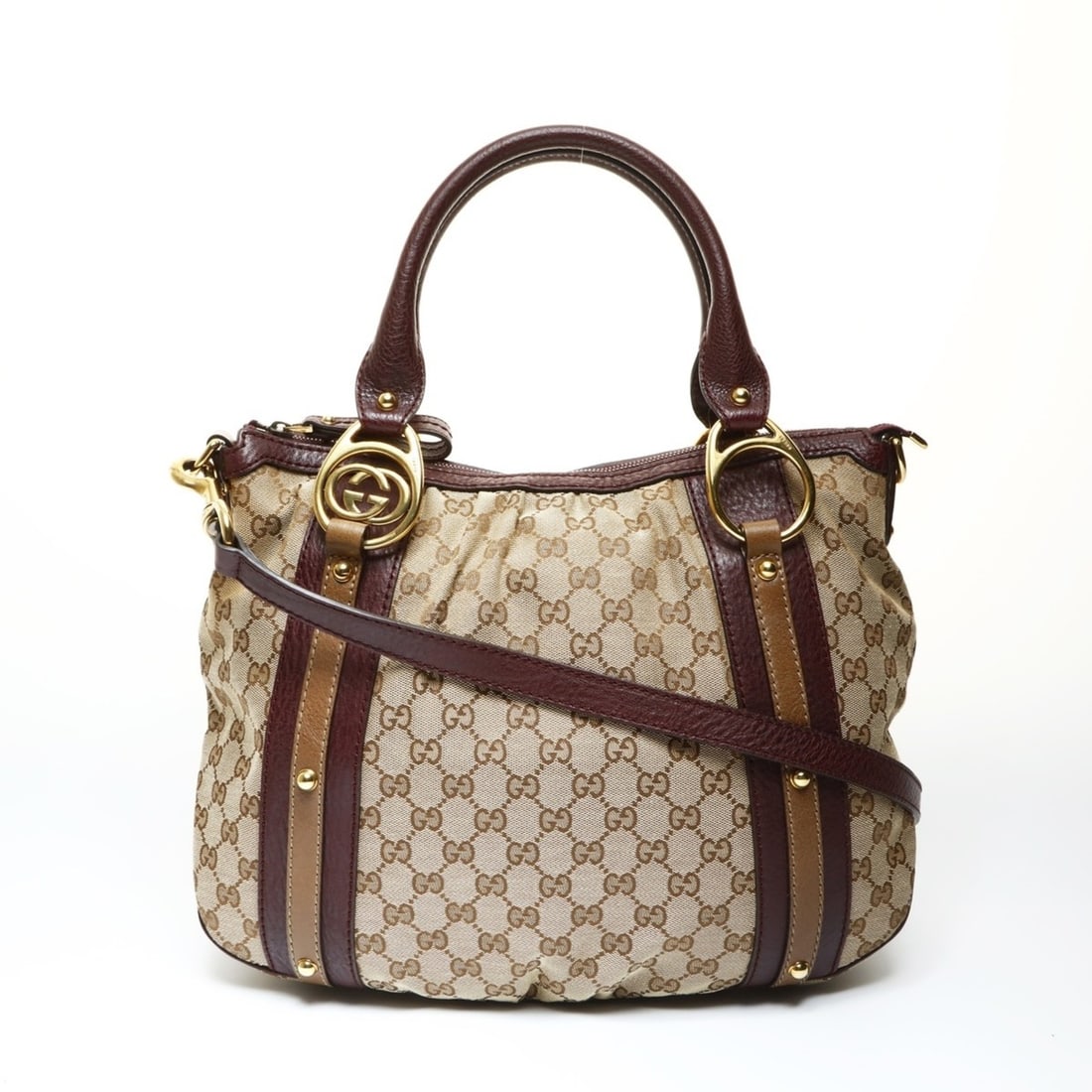 Gucci GG Canvas Interlocking G 2-Way Shoulder Bag in Burgundy and Brown: --- Catalog ---Category: SizeSize (HxWxD): 30cm x 40cm x 10cm / 11.81'' x 15.74'' x 3.93''Category: DesignType: Shoulder bagColor: BrownGender: WomenCategory: GeneralBrand: GucciCountry of Origin: Ita