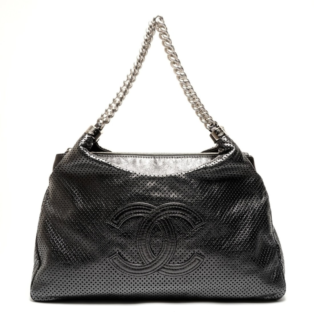 CHANEL Coco Mark Perforated Leather 2-Way Shoulder Bag, Gray, WS26427: --- Catalog ---Category: SizeSize (HxWxD): 26cm x 37cm x 12cm / 10.23'' x 14.56'' x 4.72''Strap Length: 40cm / 15.74''Category: DesignType: Shoulder bagColor: GrayGender: WomenMaterial: Leather