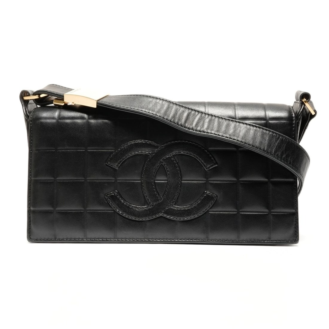 CHANEL Chocobar Coco Mark Lambskin Shoulder Bag in Black WS26744: --- Catalog ---Category: SizeSize (HxWxD): 13cm x 24.5cm x 4cm / 5.11'' x 9.64'' x 1.57''Strap Length: 60cm / 23.62''Category: DesignType: Shoulder bagColor: BlackGender: WomenMaterial: Leather