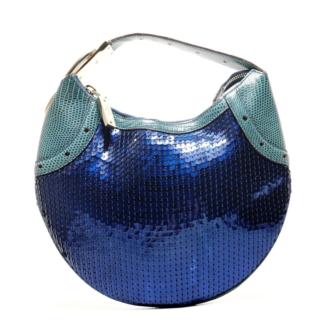 Gucci Sequined Hobo Bag with Buckle Design, Blue, WS26428: --- Catalog ---Category: SizeSize (HxWxD): 18cm x 25cm x 1.5cm / 7.08'' x 9.84'' x 0.59''Category: DesignType: HandbagColor: BlueGender: WomenCategory: GeneralBrand: GucciCountry of Origin: Italy--- I
