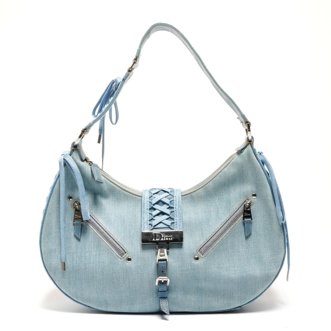 Christian Dior Denim Lace-Up Half Moon Street Chic One-Shoulder Bag, Galliano Era, Blue, WS26727: --- Catalog ---Category: SizeSize (HxWxD): 21cm x 33cm x 7.5cm / 8.26'' x 12.99'' x 2.95''Category: DesignType: Shoulder bagColor: BlueGender: WomenCategory: GeneralBrand: Christian DiorCountry of Ori