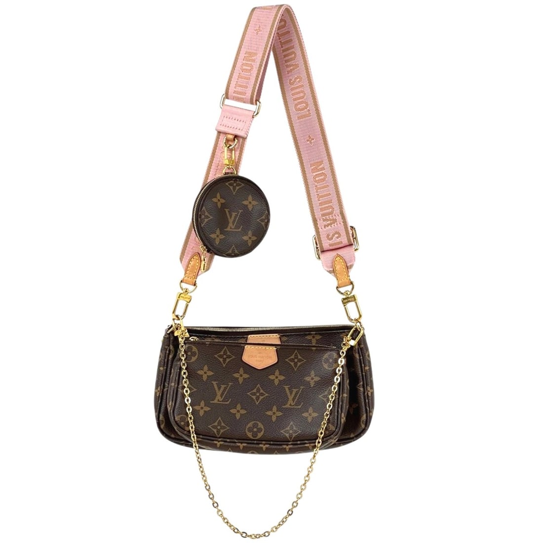Louis Vuitton Multi Pochette Accessoires Shoulder Bag with Detachable Strap, Monogram Brown Rose: --- Catalog ---Category: SizeSize (HxWxD): 13cm x 23cm x 4cm / 5.11'' x 9.05'' x 1.57''Category: DesignType: Pochette, Shoulder bagColor: Brown, Rose clairGender: WomenMaterial: Monogram Category: Gen