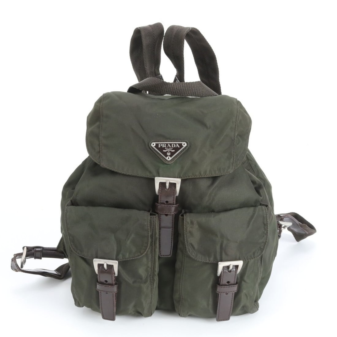 Prada Tessuto Nylon Triangle Logo Khaki Leather Backpack Bag for Women: --- Catalog ---Category: SizeSize (HxWxD): 25cm x 23cm x 12cm / 9.84'' x 9.05'' x 4.72''Category: DesignType: BackpackColor: KhakiGender: WomenMaterial: Nylon Category: GeneralBrand: PradaCountry of O