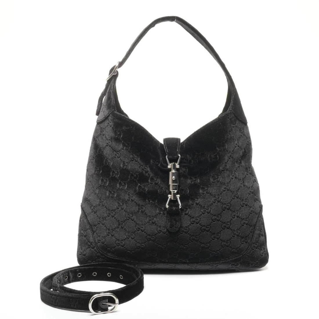 Gucci New Jackie Velvet One-Shoulder Bag in Black with Silver Hardware: --- Catalog ---Category: SizeSize (HxWxD): 28cm x 34cm x 5cm / 11.02'' x 13.38'' x 1.96''Category: DesignType: Shoulder bagColor: BlackGender: WomenCategory: GeneralBrand: GucciCountry of Origin: Ital
