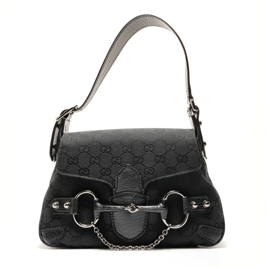 Gucci Horsebit GG Canvas One-Shoulder Bag in Black: --- Catalog ---Category: SizeSize (HxWxD): 17cm x 26cm x 7cm / 6.69'' x 10.23'' x 2.75''Category: DesignType: Shoulder bagColor: BlackGender: WomenCategory: GeneralBrand: GucciCountry of Origin: Italy