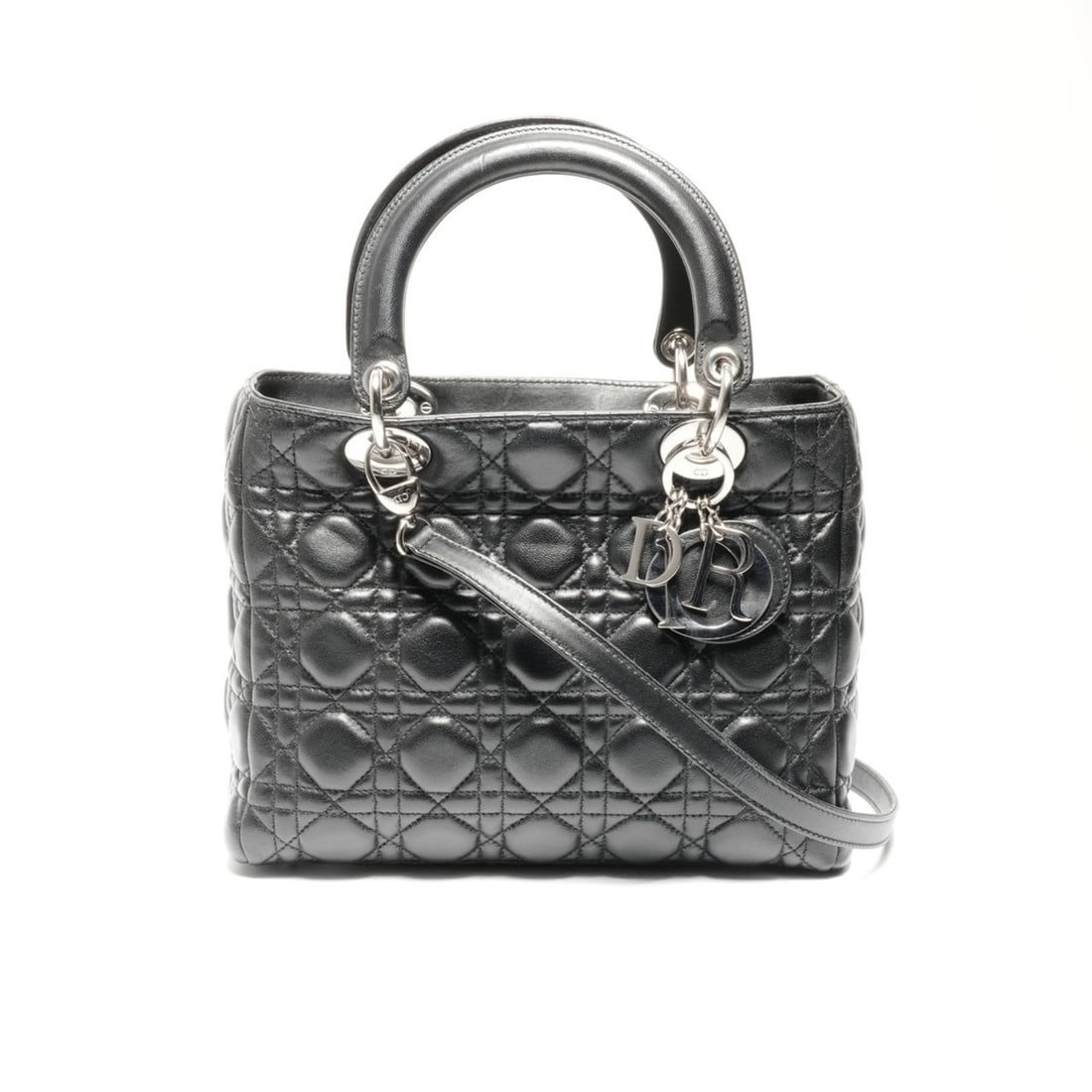 Christian Dior Medium Lady Handbag in Black with Silver Hardware: --- Catalog ---Category: SizeSize (HxWxD): 20cm x 25cm x 12cm / 7.87'' x 9.84'' x 4.72''Category: DesignType: HandbagColor: BlackGender: WomenCategory: GeneralBrand: Christian DiorCountry of Origin: F
