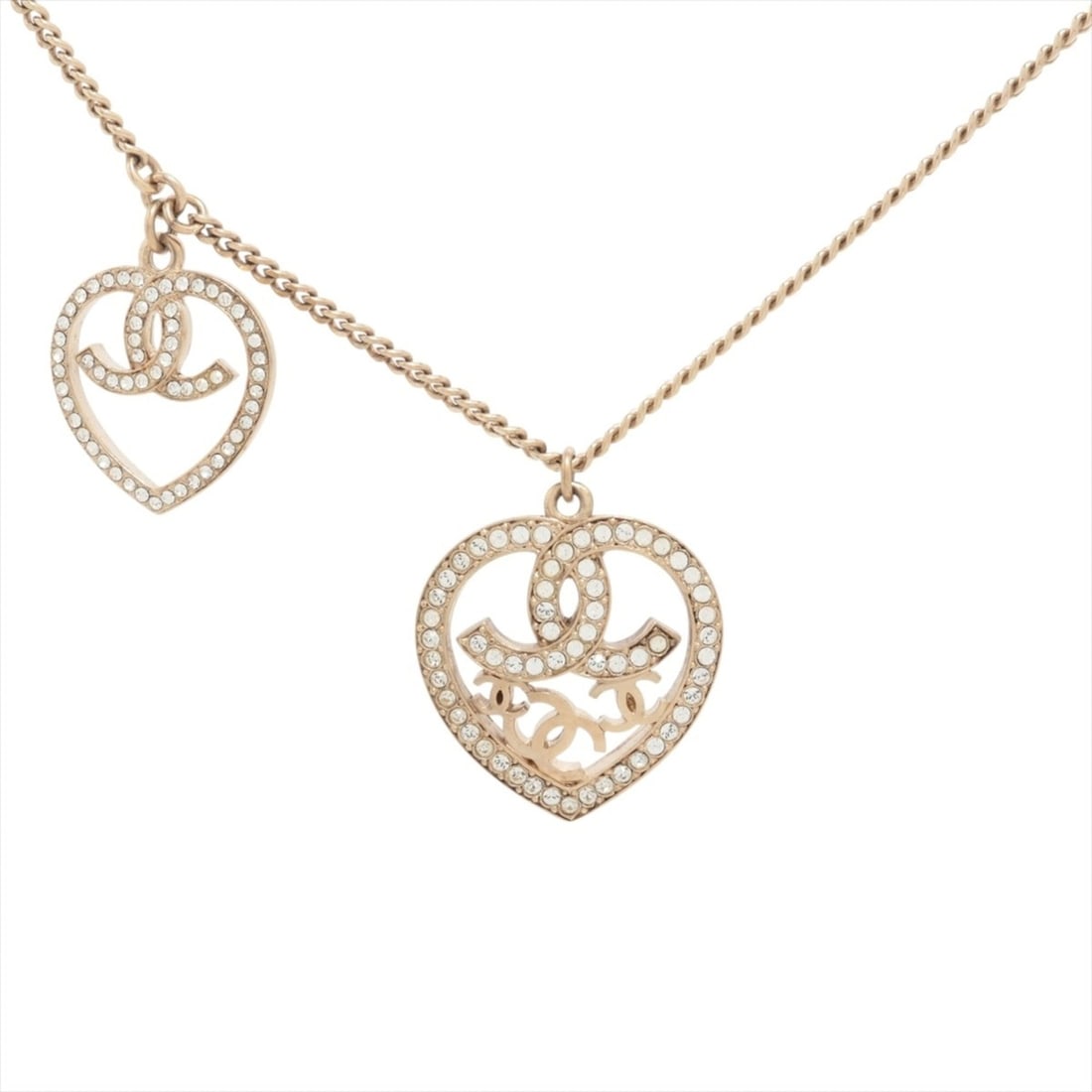 CHANEL 09C 2009 Coco Mark Heart Rhinestone Necklace in Champagne Gold: --- Catalog ---Category: DesignColor: Champagne goldGender: WomenNecklace Type: NecklaceCategory: GeneralBrand: Chanel--- Item List ---Section: ConditionRanking: Rank A Used - A few traces of usage, s