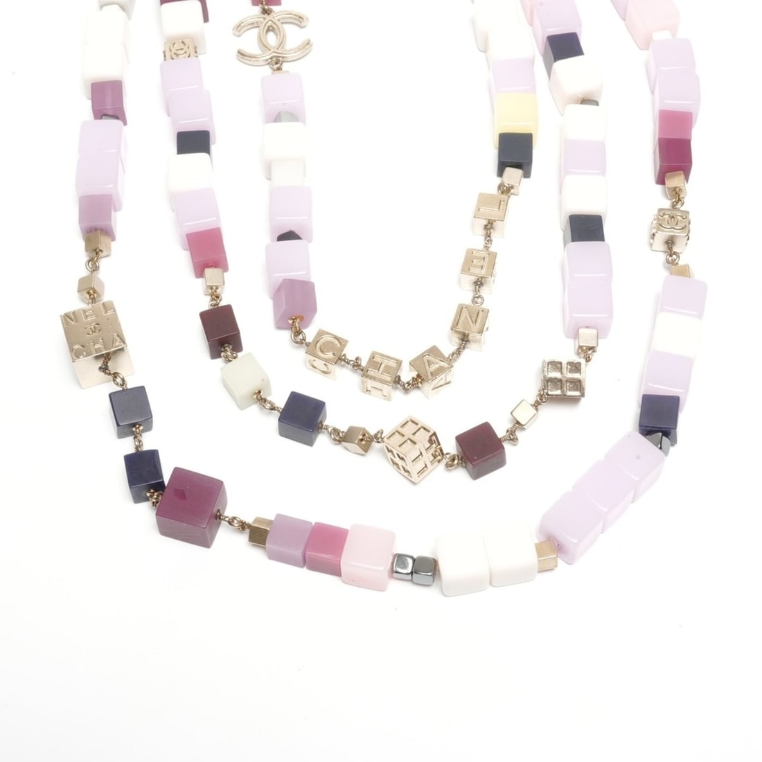 CHANEL 04P 2004 Coco Mark Cube 3-Strand Necklace in Multicolor: --- Catalog ---Category: SizeNeck Circumference: 90 cm / 35.43''Category: DesignColor: Multi-colorGender: WomenNecklace Type: NecklaceCategory: GeneralBrand: Chanel--- Item List ---Section: ConditionR