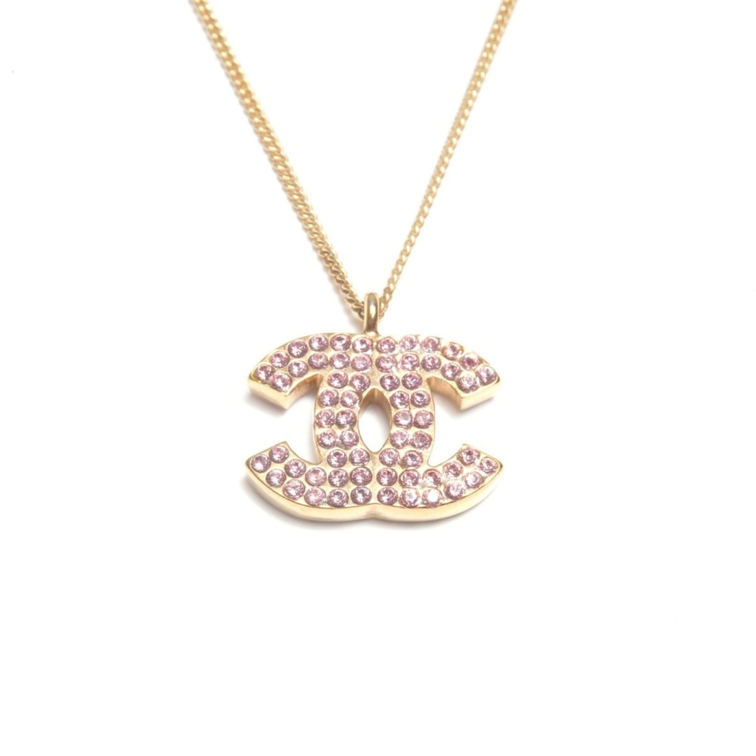 CHANEL 02P Coco Mark Rhinestone Pink Necklace in Gold: --- Catalog ---Category: SizePendant Size: 18mm x 23mm / 0.7'' x 0.9''Neck Circumference: 42 cm / 16.53''Category: DesignColor: Gold, PinkGender: WomenNecklace Type: NecklaceCategory: GeneralBrand: Ch