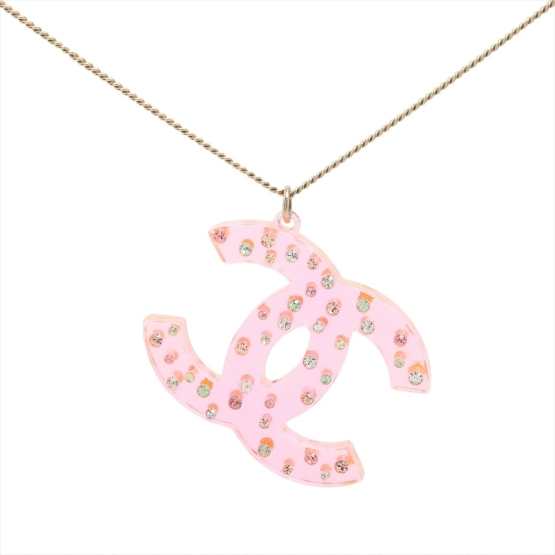 CHANEL 04A 2004 Coco Mark Rhinestone Necklace, Pink: --- Catalog ---Category: SizePendant Size: 39mm x 30mm / 1.53'' x 1.18''Neck Circumference: 43.5 cm / 17.12''Category: DesignColor: PinkGender: WomenNecklace Type: NecklaceCategory: GeneralBrand: Chan