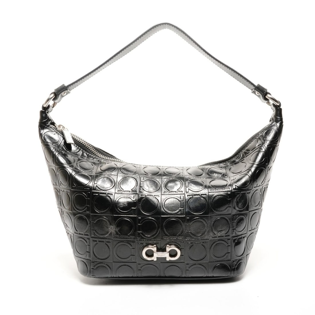 Salvatore Ferragamo Gancini silver hardware one-shoulder bag in black: --- Catalog ---Category: SizeSize (HxWxD): 15cm x 31cm x 10cm / 5.9'' x 12.2'' x 3.93''Strap Length: 35cm / 13.77''Category: DesignType: Shoulder bagColor: BlackGender: WomenMaterial: PVC Category: Ge