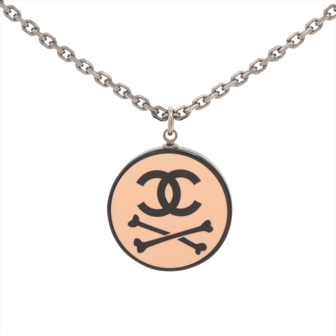 CHANEL 03P 2003 Coco Mark Pink Crossbone Necklace Silver: --- Catalog ---Category: SizePendant Size: 30mm x 23mm / 1.18'' x 0.9''Neck Circumference: 46.5 cm / 18.3''Category: DesignColor: Pink, SilverGender: WomenNecklace Type: NecklaceCategory: GeneralBrand