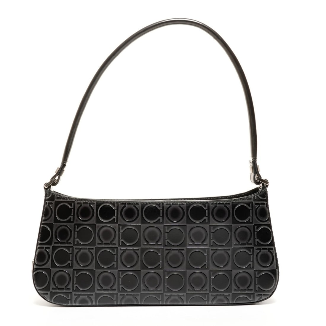 Salvatore Ferragamo Leather Embossed Gancini One-Shoulder Bag in Black: --- Catalog ---Category: SizeSize (HxWxD): 12cm x 27cm x 4.5cm / 4.72'' x 10.62'' x 1.77''Strap Length: 50cm / 19.68''Category: DesignType: Shoulder bagColor: BlackGender: WomenMaterial: Leather Leath