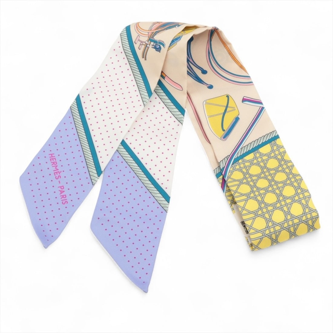 Hermes Hermès Les Voitures a Transformation Silk Twilly Scarf in Yellow and Purple (1 of 12)