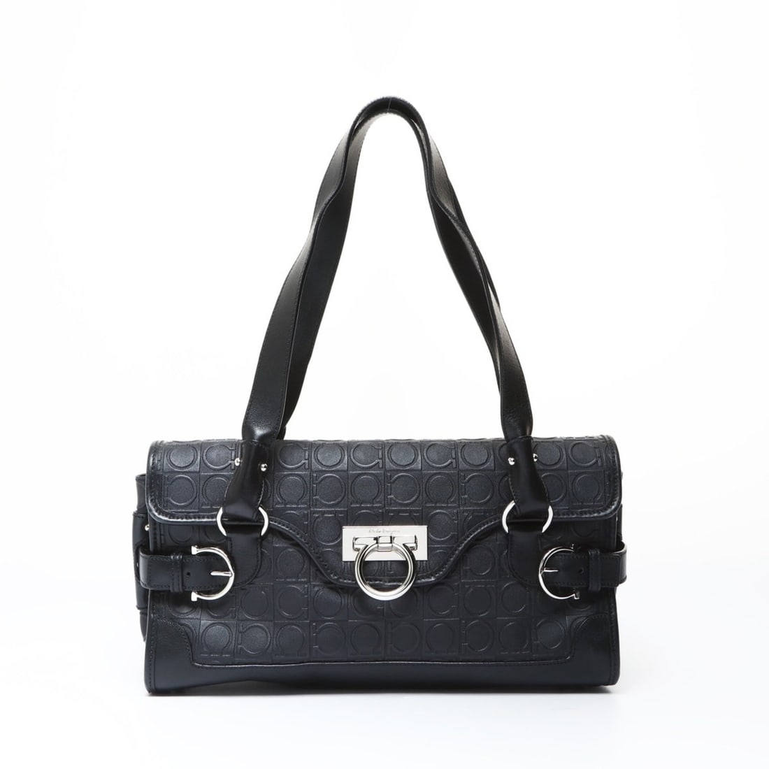 Salvatore Ferragamo Gancini One-Shoulder Bag with Silver Hardware, Black, WS26960: --- Catalog ---Category: SizeSize (HxWxD): 18cm x 32cm x 12cm / 7.08'' x 12.59'' x 4.72''Strap Length: 64cm / 25.19''Category: DesignType: Shoulder bagColor: BlackGender: WomenHardware Color: SilverCa