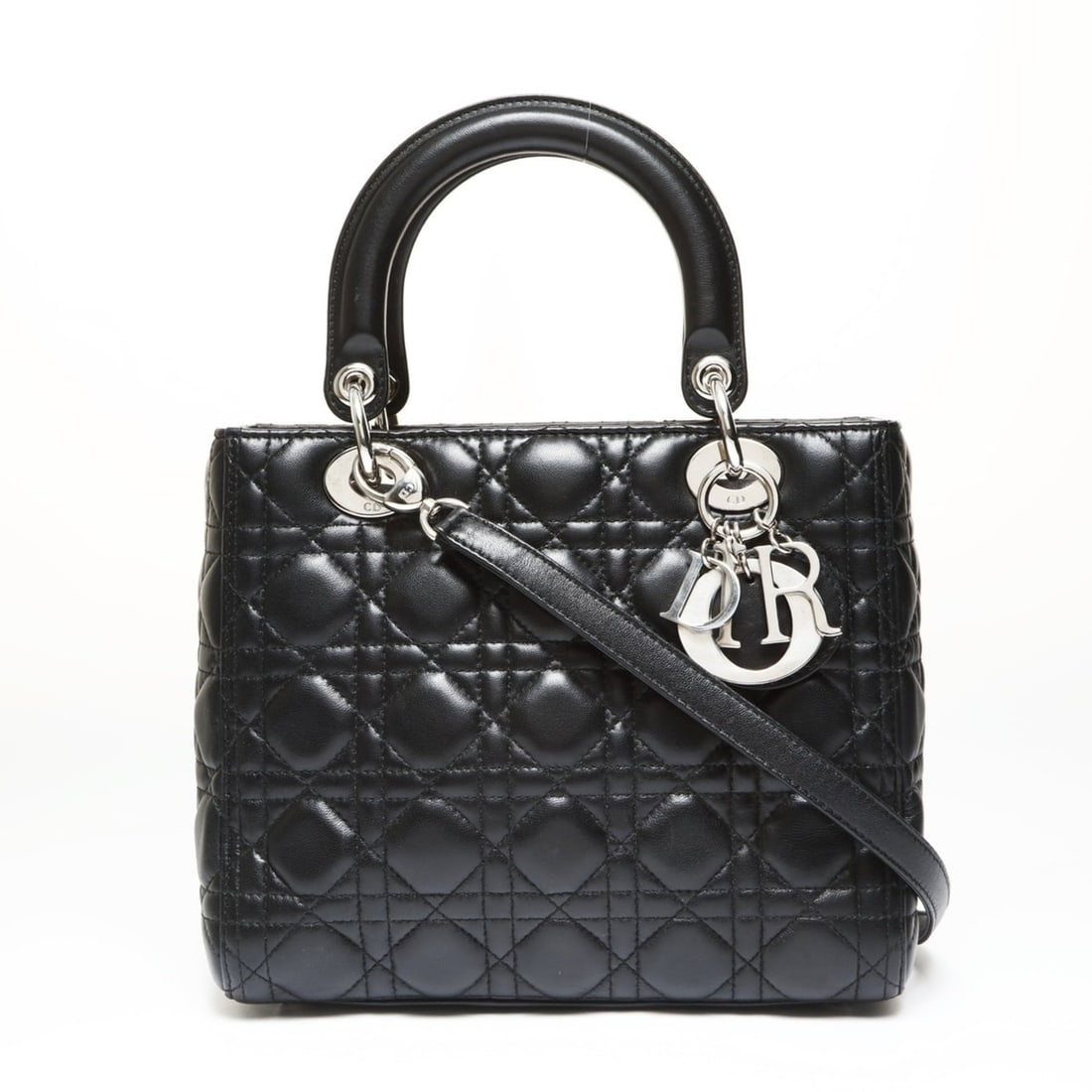Christian Dior Lady Medium 2-Way Lambskin Handbag with Silver Hardware, Black, WS27092: --- Catalog ---Category: SizeHandle Drop: 10.00cm / 3.94''Size (HxWxD): 20cm x 24cm x 11cm / 7.87'' x 9.44'' x 4.33''Strap Length: 90cm / 35.43''Category: DesignType: HandbagColor: BlackGender: WomenM