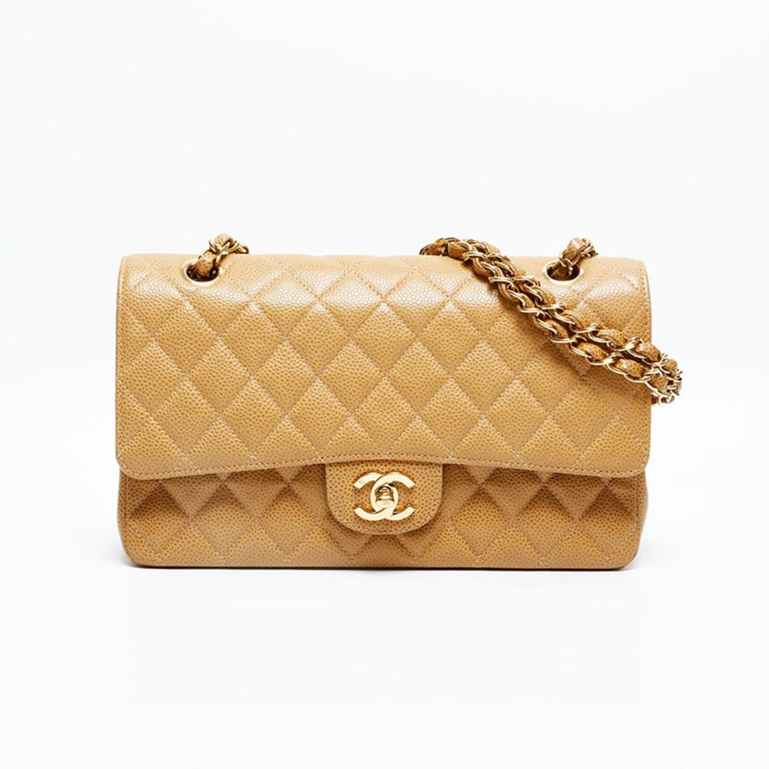 CHANEL Caviar Skin Double Flap Matelasse 25cm Chain Shoulder Bag, Beige, WS23068: --- Catalog ---Category: SizeSize (HxWxD): 16.5cm x 25.5cm x 7cm / 6.49'' x 10.03'' x 2.75''Strap Length: 53.5cm - 87.5cm / 21.06'' - 34.44''Category: DesignType: Shoulder bagColor: BeigeMaterial: Gra