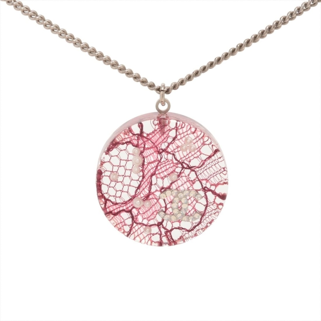 CHANEL 13P 2013 Round Pearl Coco Mark Necklace in Silver and Pink: --- Catalog ---Category: SizePendant Size: 29mm x 24mm / 1.14'' x 0.94''Neck Circumference: 48 cm / 18.89''Category: DesignColor: Pink, SilverGender: WomenNecklace Type: NecklaceCategory: GeneralBrand