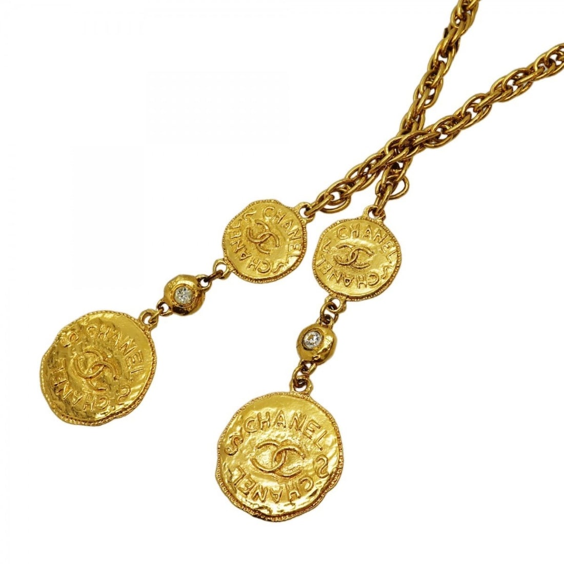 Chanel Coco Mark Lariat Necklace with GP Plated Rhinestones in Gold for Women: --- Catalog ---Category: SizeNeck Circumference: 94.5 cm / 37.2''Category: DesignColor: GoldGender: WomenMaterial: Gold plating, RhinestoneNecklace Type: NecklaceCategory: GeneralBrand: Chanel--- Item