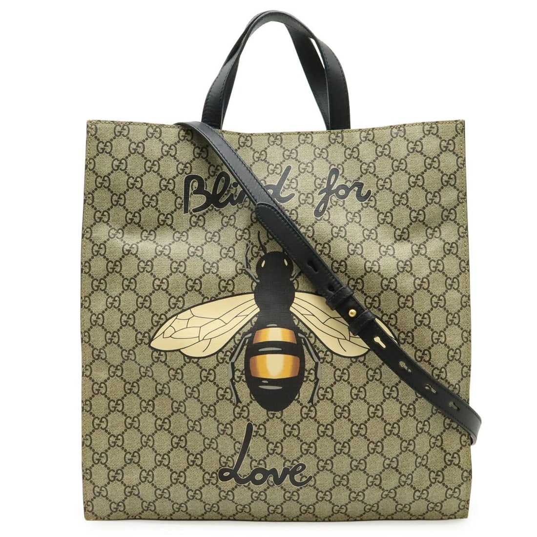 GUCCI GG Supreme Bee Print Tote Bag/Shoulder Bag in Khaki Beige and Black Leather (450950): --- Catalog ---Category: SizeSize (HxWxD): 37.5cm x 35.5cm x 7cm / 14.76'' x 13.97'' x 2.75''Category: DesignType: Shoulder bag, Tote bagColor: Beige, Black, Khaki, YellowGender: Women,MenMaterial: GG