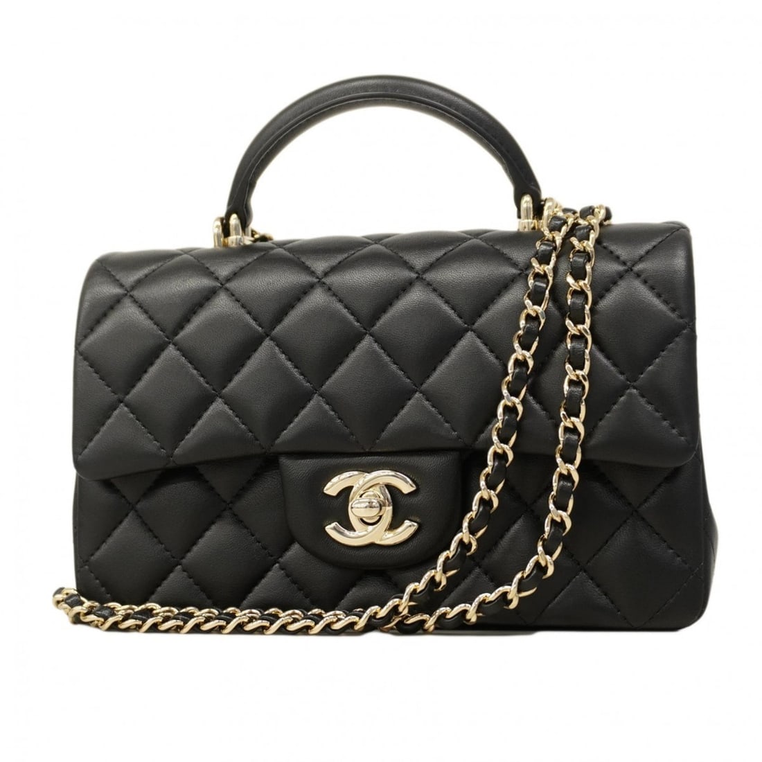 Chanel Matelasse Handbag with Chain Shoulder Strap, Black and Champagne Lambskin, 2-Way Bag for: --- Catalog ---Category: SizeSize (HxWxD): 12cm x 19.5cm x 6.5cm / 4.72'' x 7.67'' x 2.55''Category: DesignType: HandbagColor: BlackGender: WomenMaterial: Leather Hardware Color: Champagne goldLeather
