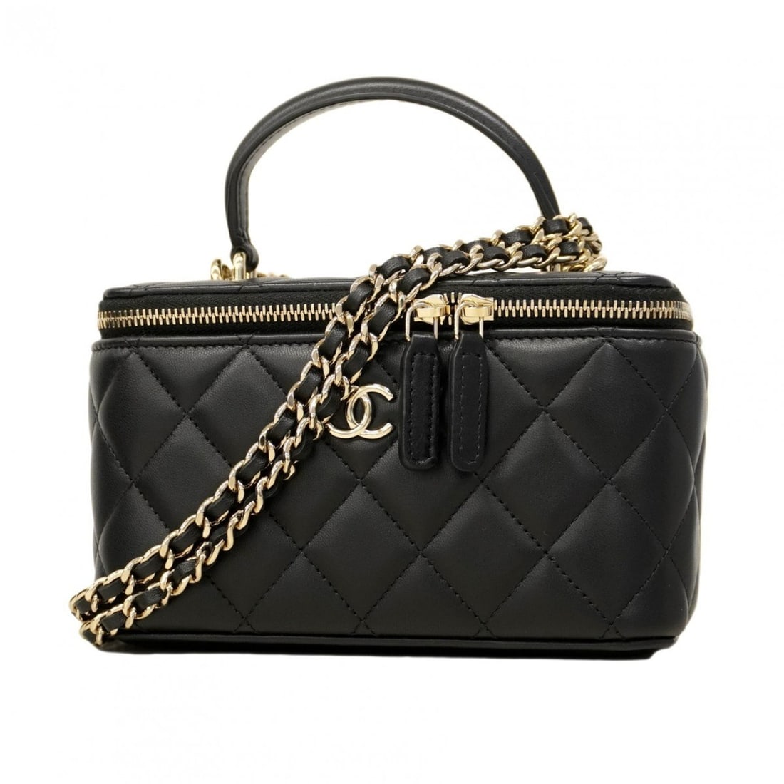 Chanel Matelasse Handbag/Vanity Bag with Chain Shoulder Strap, Black Lambskin, Champagne, Women's: --- Catalog ---Category: SizeSize (HxWxD): 10cm x 16cm x 8cm / 3.93'' x 6.29'' x 3.14''Category: DesignType: Handbag, Vanity bagColor: BlackGender: WomenMaterial: Leather Hardware Color: Champagne gol