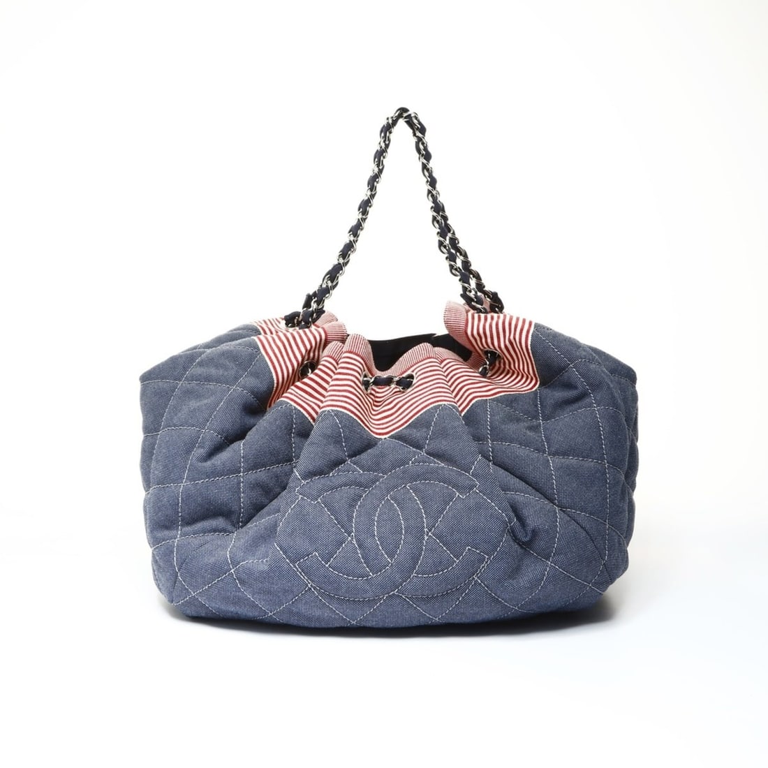 CHANEL 2009-2010 No. 13 Denim Marine Coco Cabas Shoulder Bag with Large Mark, Navy: --- Catalog ---Category: SizeSize (HxWxD): 30cm x 42cm x 14cm / 11.81'' x 16.53'' x 5.51''Strap Length: 48cm / 18.89''Category: DesignType: Shoulder bagColor: NavyGender: WomenMaterial: Denim Category