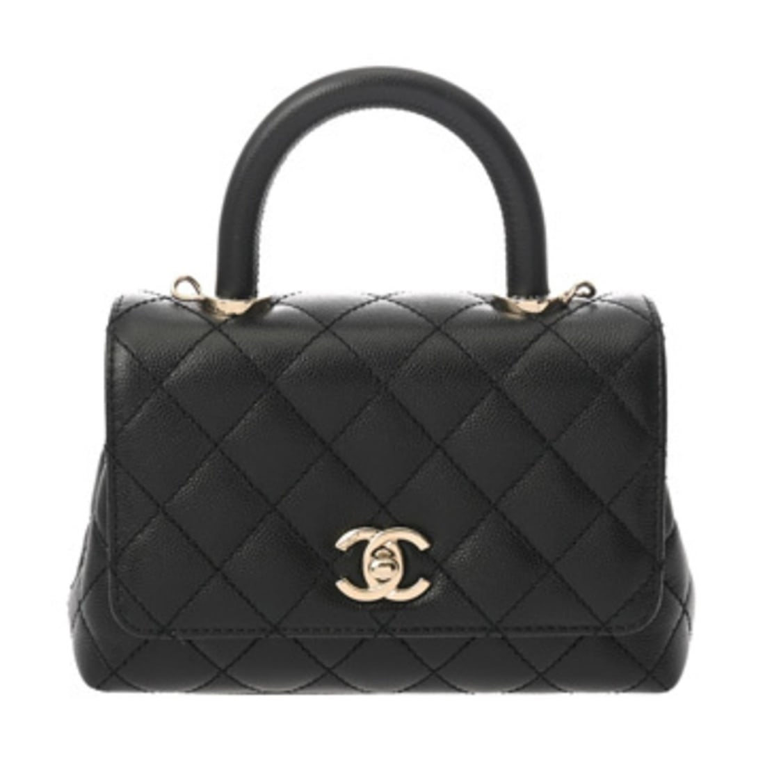 CHANEL Matelasse Top Handle Mini Flap Bag XXS Black AS2215 Women's Caviar Skin Handbag A Rank: --- Catalog ---Category: SizeSize (HxWxD): 12.5cm x 18.5cm x 8.5cm / 4.92'' x 7.28'' x 3.34''Category: DesignType: HandbagColor: BlackGender: WomenMaterial: Grained Calfskin Hardware Color: Champagne