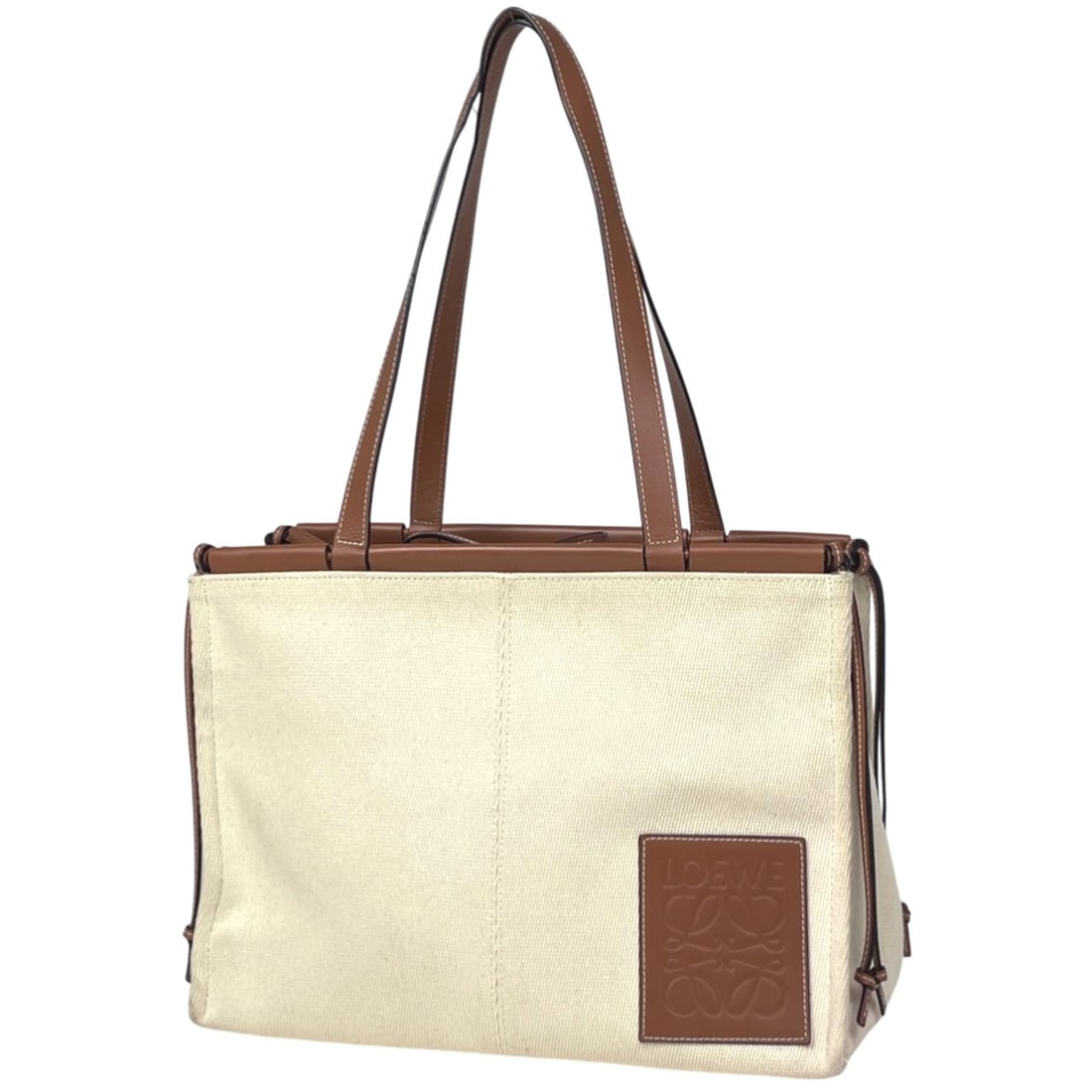 LOEWE Anagram Cushion Tote Large Shoulder Bag in Ivory and Brown Canvas: --- Catalog ---Category: SizeSize (HxWxD): 25cm x 35cm x 19cm / 9.84'' x 13.77'' x 7.48''Category: DesignType: Shoulder bag, Tote bagColor: Brown, IvoryGender: WomenMaterial: Canvas , Leather Category