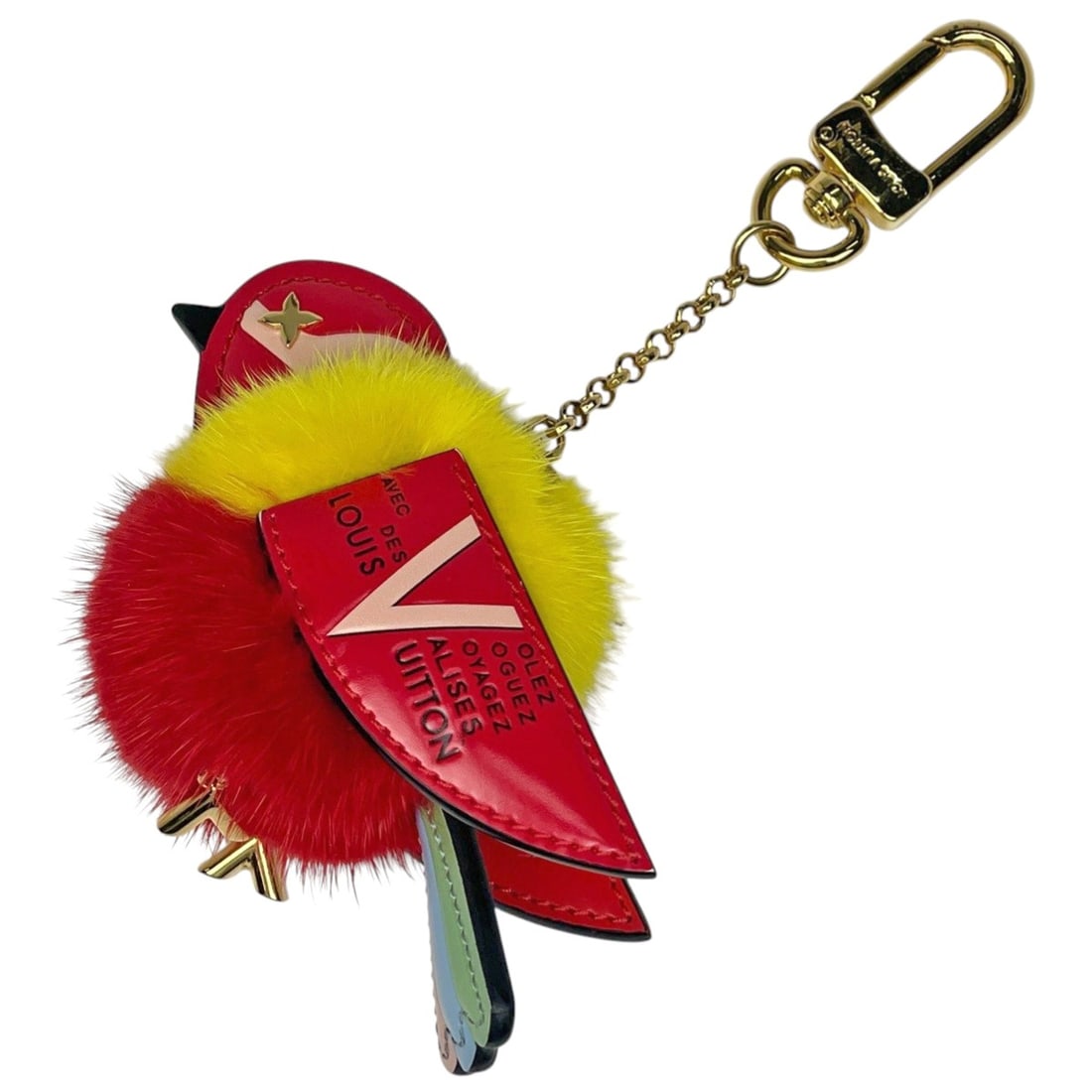 Louis Vuitton Bijoux Sac Travel Ring Bird Keychain Bag Charm Leather Fabric Red Multicolor M67390: --- Catalog ---Category: SizeSize (HxWxD): 9.5cm x 10cm / 3.74'' x 3.93''Category: DesignType: KeyringColor: Multi-color, Red colorGender: WomenMaterial: LeatherCategory: GeneralBrand: Louis VuittonMo