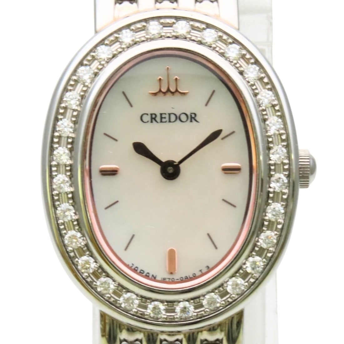 Seiko Credor 1E70-0AH0 Stainless Steel Diamond Watch in Silver, Pink Gold, and White Shell. Women's.: --- Catalog ---Category: SizeWrist Size: 16cm / 6.29''Case Diameter: 19.8mm / 0.78''Category: DesignType: WristwatchGender: WomenColor (Dial): White shellMaterial (Band): Stainless steelMaterial (Case