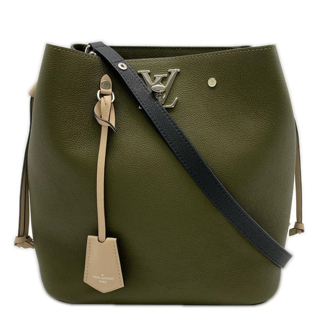 LOUIS VUITTON Louis Vuitton Grained Calfskin Lock Me Bucket M55439 2-way handbag in khaki, black,: --- Catalog ---Category: SizeWeight: 691g / 1.52lb.Size (HxWxD): 25cm x 27cm x 15cm / 9.84'' x 10.62'' x 5.9''Strap Length: 107cm / 42.12''Category: DesignType: HandbagColor: Beige, Black, KhakiGender