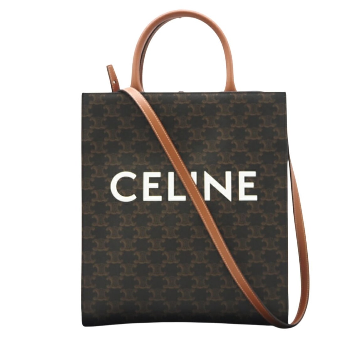 CELINE Triomphe Canvas Small Vertical Cabas Tote Bag, Tan (191542BZK), 2-way tote bag, available in: --- Catalog ---Category: SizeSize (HxWxD): 31cm x 28cm x 8cm / 12.2'' x 11.02'' x 3.14''Category: DesignType: Tote bagColor: Beige, Brown, WhiteGender: WomenMaterial: Coated canvas Category: GeneralBr