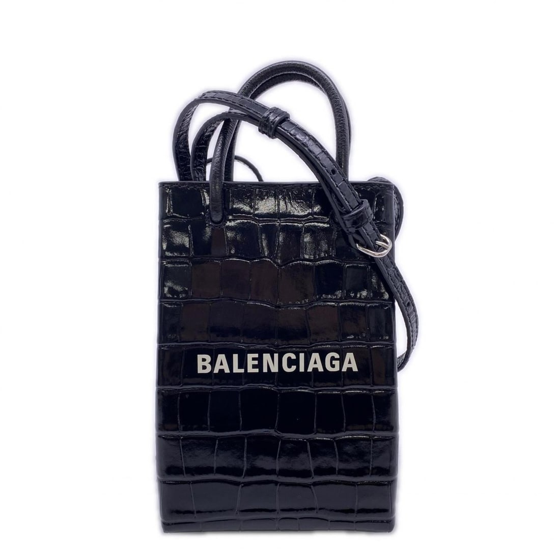 BALENCIAGA 2-Way Calf Leather Shopping Bag with Phone Holder (593826) - Black and White Leather,: --- Catalog ---Category: SizeSize (HxWxD): 18cm x 12.5cm x 5cm / 7.08'' x 4.92'' x 1.96''Category: DesignType: Shoulder bagColor: Black, WhiteGender: WomenMaterial: Leather Category: GeneralMPN: 59382