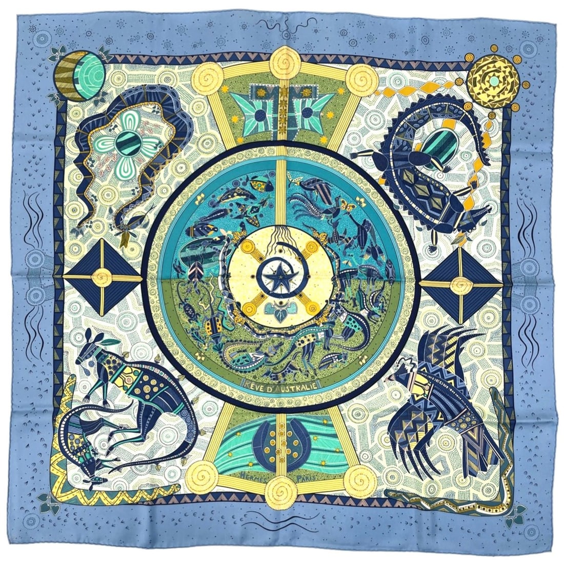 Hermes Hermès Carré 90 "Reve D'Australie" Australian Dream Silk Scarf in Blue Multicolor for Women: --- Catalog ---Category: SizeSize (LxW): 88cm x 89cm / 34.64'' x 35.03''Category: DesignType: ScarfColor: Blue, Multi-colorGender: WomenMaterial: Silk Category: GeneralBrand: Hermes--- Item List ---Se