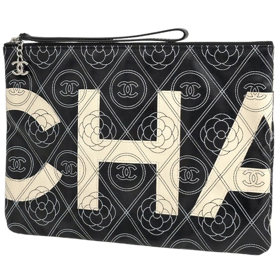 CHANEL Camellia clutch bag, pouch, second Coco Mark coated canvas, black and white, women's: --- Catalog ---Category: SizeSize (HxWxD): 19.5cm x 27cm x 1cm / 7.67'' x 10.62'' x 0.39''Category: DesignType: Clutch bagColor: Black, WhiteGender: WomenMaterial: Coated canvas , Leather Category: Ge