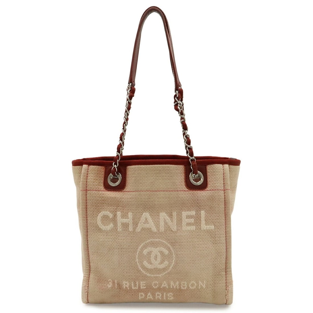 CHANEL Deauville Tote PM Bag, Shoulder Bag with Chain Strap, Canvas and Leather, Pink Red, A66939: --- Catalog ---Category: SizeSize (HxWxD): 26cm x 25.5cm x 10.5cm / 10.23'' x 10.03'' x 4.13''Category: DesignType: Shoulder bag, Tote bagColor: Pink, Red colorGender: WomenMaterial: Canvas , Leather