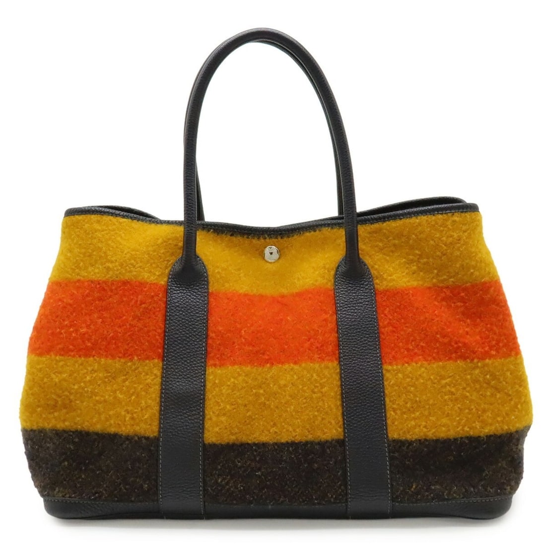 HERMES Garden PM Tote Bag Handbag Rocabar Wool Leather Orange Yellow Navy: --- Catalog ---Category: SizeSize (HxWxD): 27cm x 36.5cm x 18cm / 10.62'' x 14.37'' x 7.08''Category: DesignType: Handbag, Tote bagColor: Navy, Orange, YellowMaterial: Wool , Leather Category: General