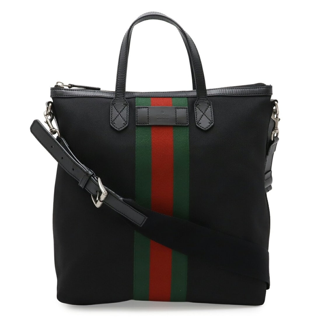 GUCCI Web Stripe Sherry Line Tote Bag Shoulder Nylon Canvas Leather Black 619751: --- Catalog ---Category: SizeSize (HxWxD): 33.5cm x 31cm x 15.5cm / 13.18'' x 12.2'' x 6.1''Category: DesignType: Shoulder bag, Tote bagColor: Black, Green, Red colorGender: WomenMaterial: Nylon canva