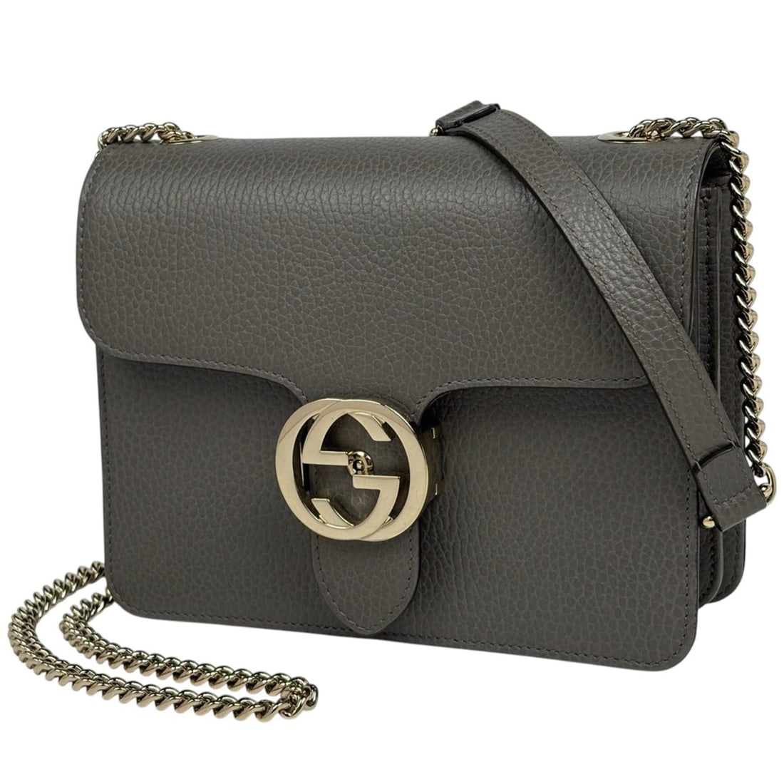 Gucci Interlocking G Chain Shoulder Bag in Grey Leather (510304) for Women: --- Catalog ---Category: SizeSize (HxWxD): 14.5cm x 19cm x 5.5cm / 5.7'' x 7.48'' x 2.16''Category: DesignType: Shoulder bagColor: GrayGender: WomenMaterial: Leather Category: GeneralBrand: Gucci--- I