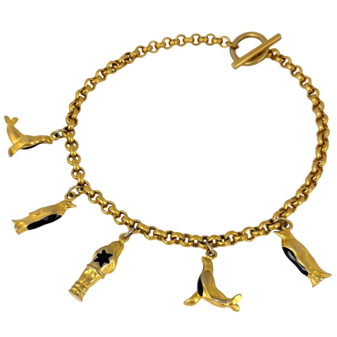 Salvatore Ferragamo penguin and sea lion motif chain necklace charm in GP gold for women.: --- Catalog ---Category: SizeNeck Circumference: 45.5 cm / 17.91''Category: DesignColor: GoldGender: WomenNecklace Type: NecklaceCategory: GeneralBrand: Salvatore Ferragamo--- Item List ---Section: Co