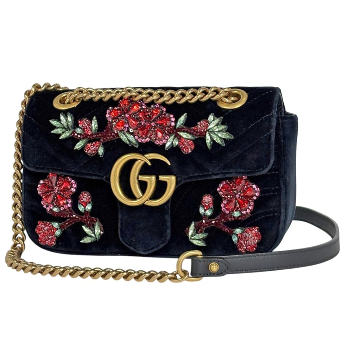 Gucci GG Marmont Chain Shoulder Bag with Double G Beads and Sequins, Velvet, Black, 446744, Women's: --- Catalog ---Category: SizeSize (HxWxD): 13cm x 21cm x 5.5cm / 5.11'' x 8.26'' x 2.16''Category: DesignType: Shoulder bagColor: BlackGender: WomenMaterial: Velvet , Leather Category: GeneralMPN: 446