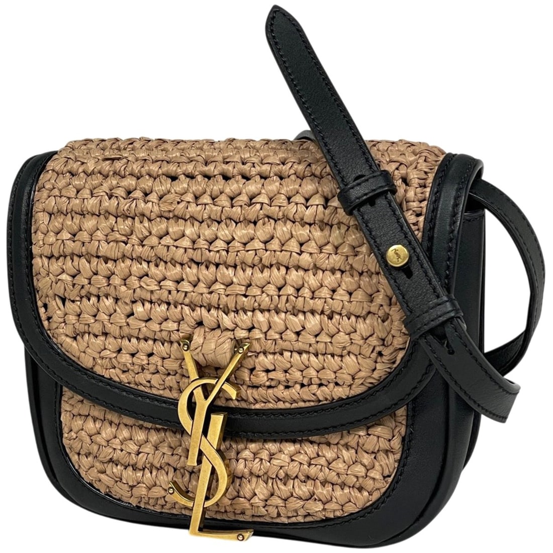 Saint Laurent Kaia Shoulder Bag, Logo, Leather, Black and Beige, 619740, Women's: --- Catalog ---Category: SizeSize (HxWxD): 15.5cm x 17cm x 5cm / 6.1'' x 6.69'' x 1.96''Category: DesignType: Shoulder bagColor: Beige, BlackGender: WomenMaterial: Leather , Raffia Category: GeneralMP