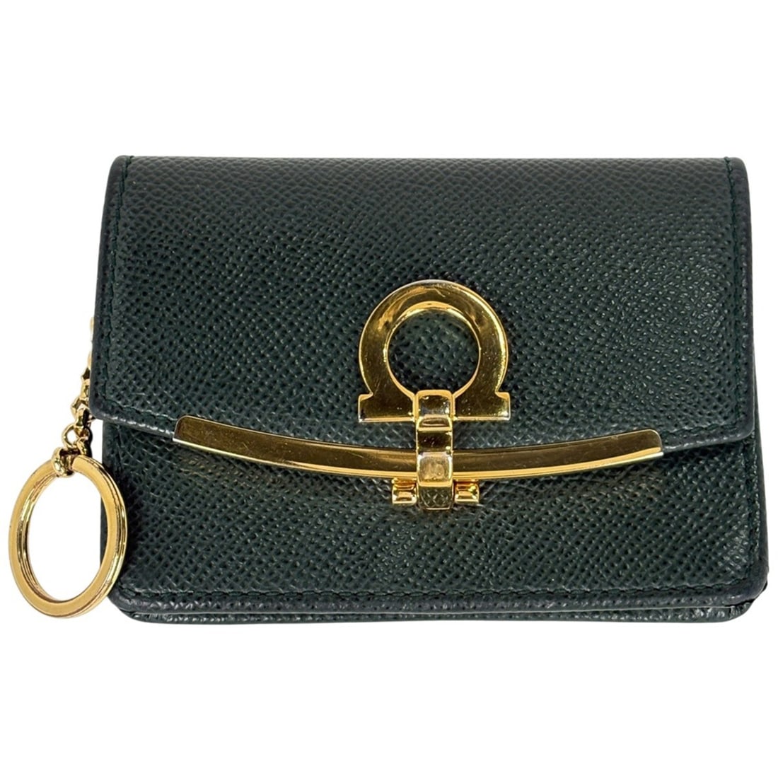 Salvatore Ferragamo Gancini business card case with coin purse, leather, green, for women.: --- Catalog ---Category: DesignType: Card caseColor: GreenGender: WomenMaterial: Leather Category: GeneralBrand: Salvatore FerragamoCategory: Physical PropertiesSize (HxWxD): 8cm x 11cm x 2cm / 3.14''