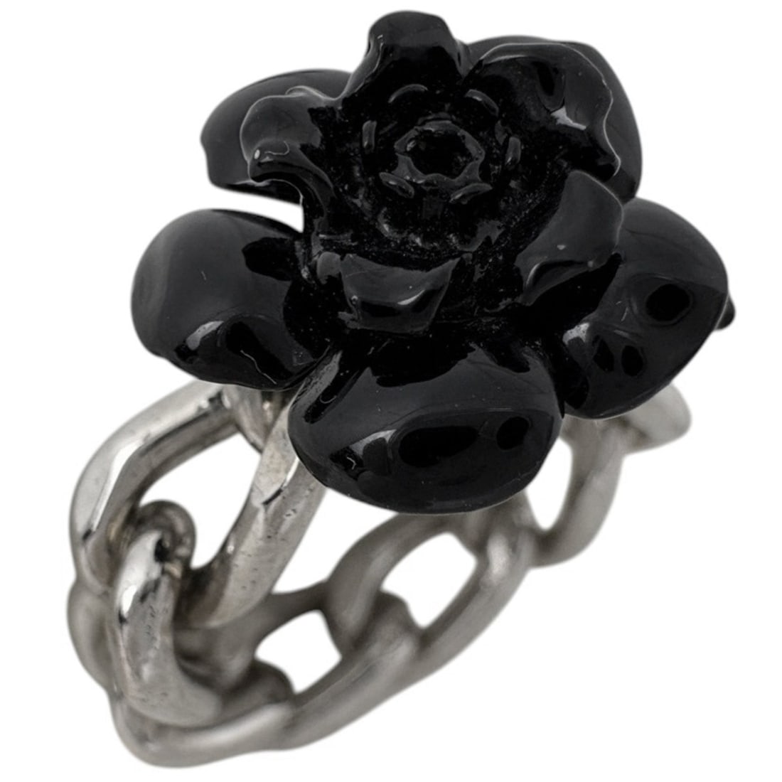 CHANEL Camellia Motif Ring with Coco Mark, Silver Plated, Black, Women's: --- Catalog ---Category: SizeJP Size: 13US Size: 6.5Category: DesignType: Band ringGender: WomenCategory: GeneralBrand: Chanel--- Item List ---Section: ConditionRanking: Rank B Used - Traces of usage,