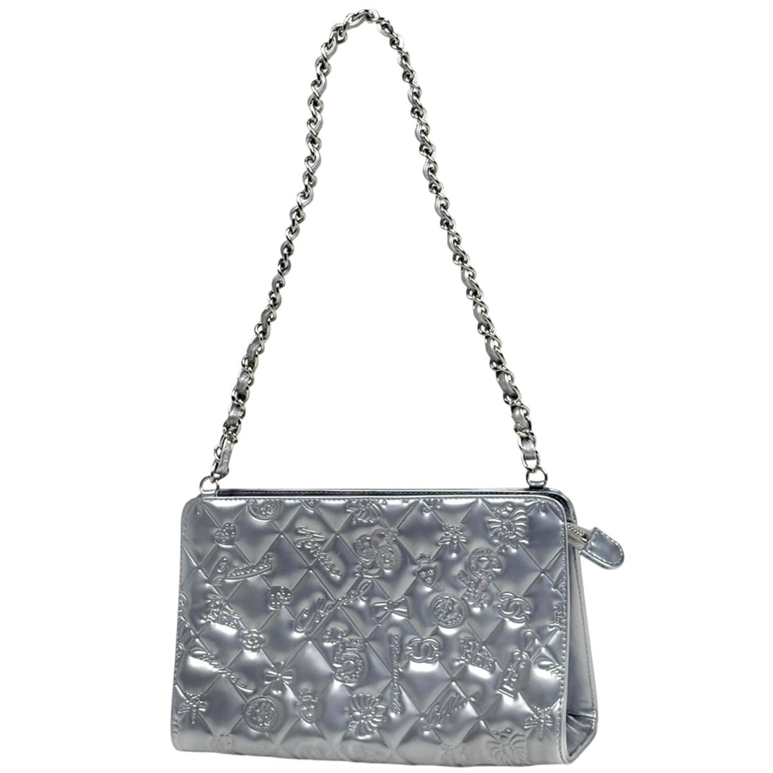 CHANEL Icon Line Chain Shoulder Bag with Coco Mark No. 5 Leather in Silver (A37156) for Women: --- Catalog ---Category: SizeSize (HxWxD): 14cm x 22.5cm x 7cm / 5.51'' x 8.85'' x 2.75''Category: DesignType: Shoulder bagColor: SilverGender: WomenMaterial: Leather Category: GeneralBrand: Chanel---