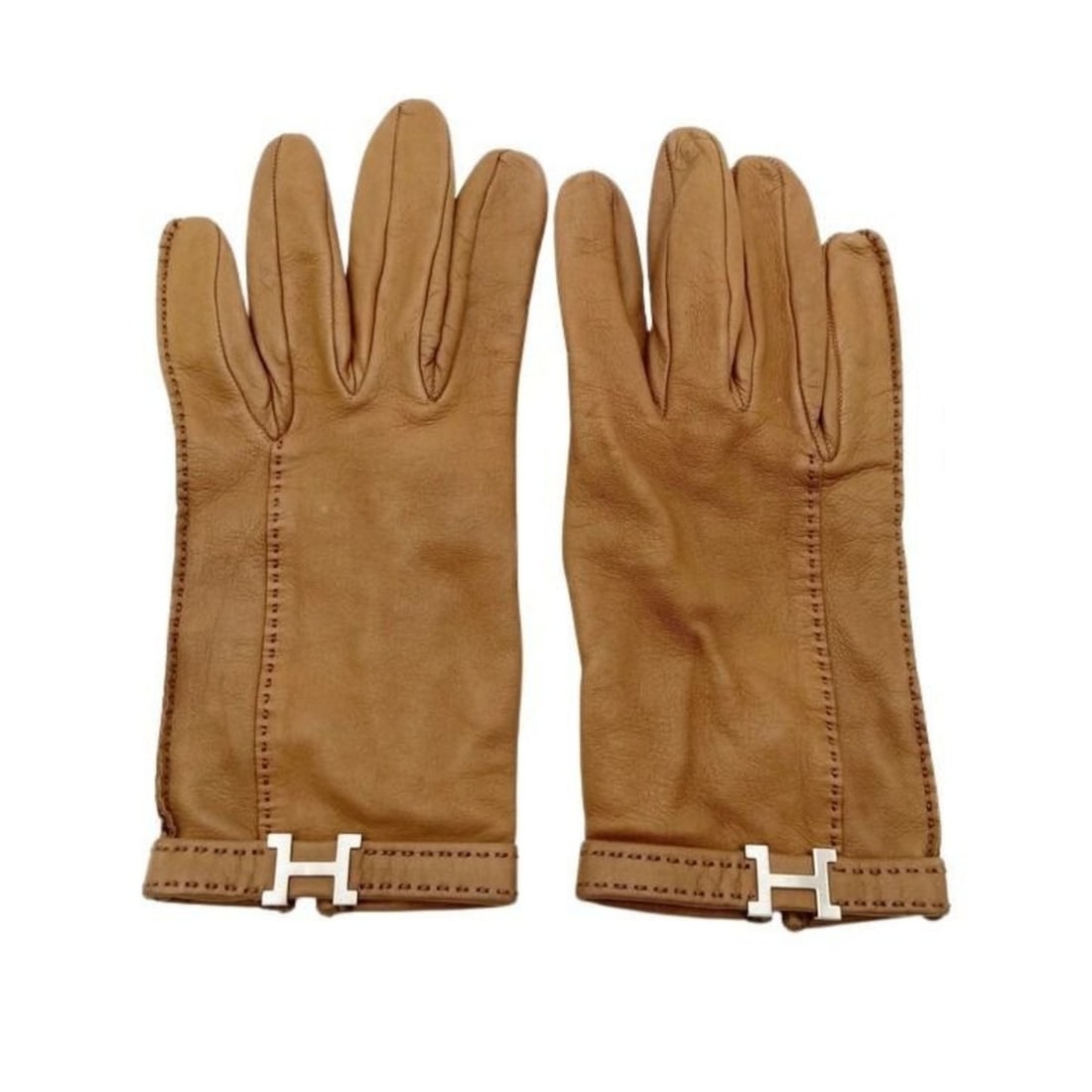 HERMES Hermes Gloves H Brown Leather Women's (1 of 14)