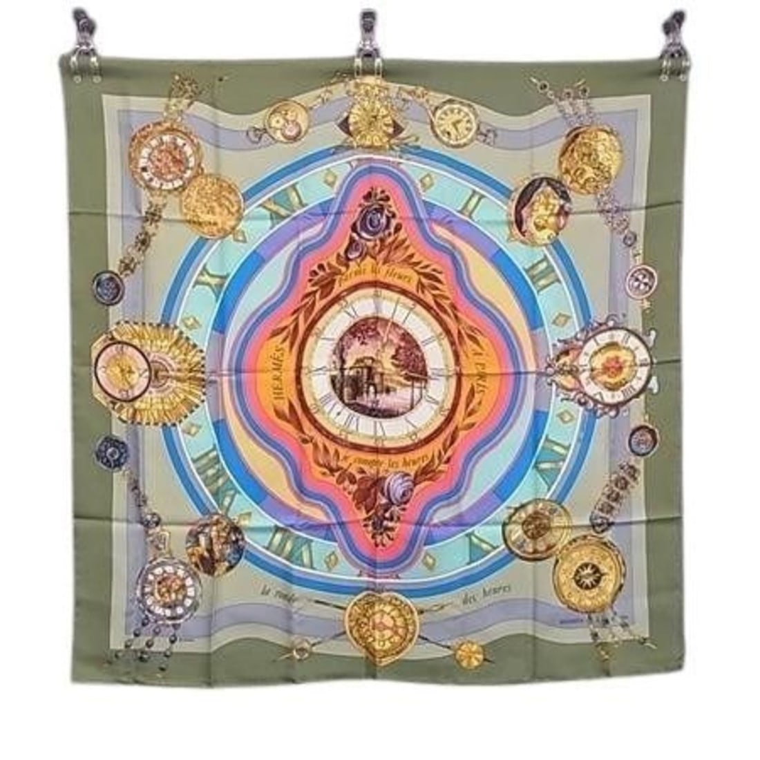 HERMES scarf/muffler, Carre 90, "Parmi les fleurs je compte heures" (Time spent among flowers),: --- Catalog ---Category: SizeSize (LxW): 89cm x 88cm / 35.03'' x 34.64''Category: DesignType: ScarfColor: Multi-colorGender: WomenMaterial: Silk Category: GeneralBrand: HermesCountry of Origin: France
